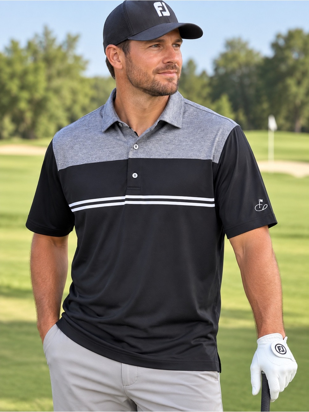 FootJoy Black and Gray Men's Golf Polo with White Stripe